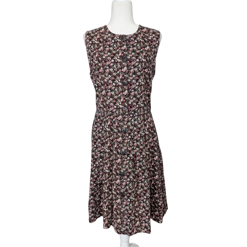 Pierre Cardin Vintage Black Pink Floral Button Up Sleeveless Midi Dress Medium